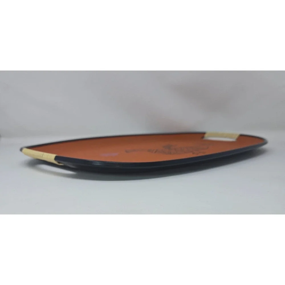 Tilso Serving Tray Fiberboard Orange Black Bird Rattan Wrapped Handles 18.5